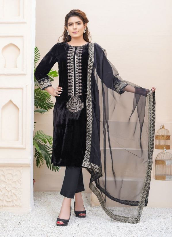 Buy Black Velvet Pakistani Suit with Trouser & Dupatta
