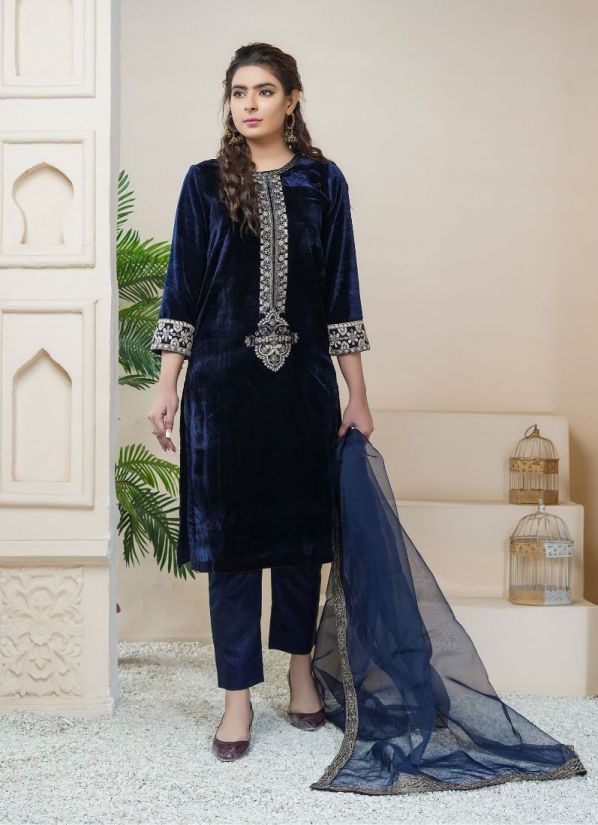 Buy Mid Night Blue Velvet Pakistani Suit with Trouser & Dupatta