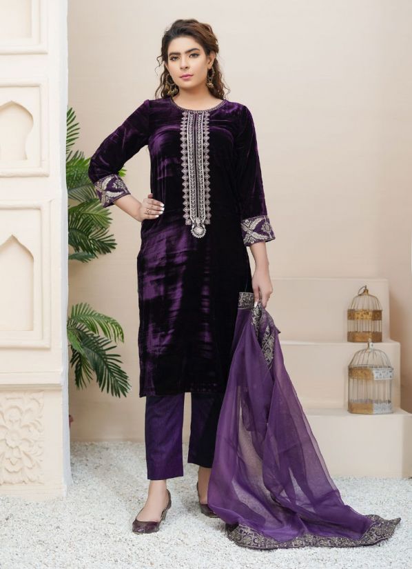 Buy Purple Velvet Pakistani Suit with Trouser & Dupatta