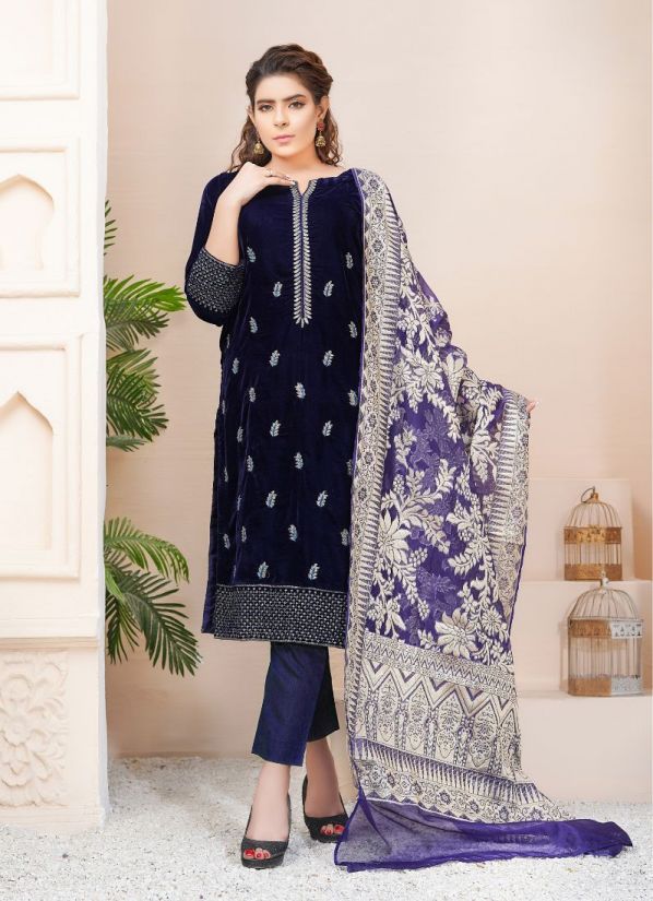 Buy Midnight Blue Velvet Pakistani Suit with Trouser & Dupatta