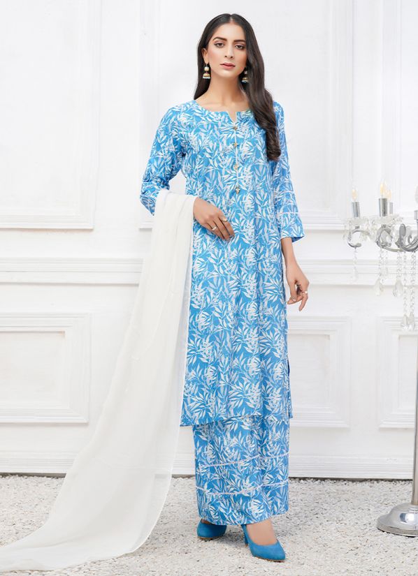 Blue Digital Print Linen Chiffon Dupatta Suit Set