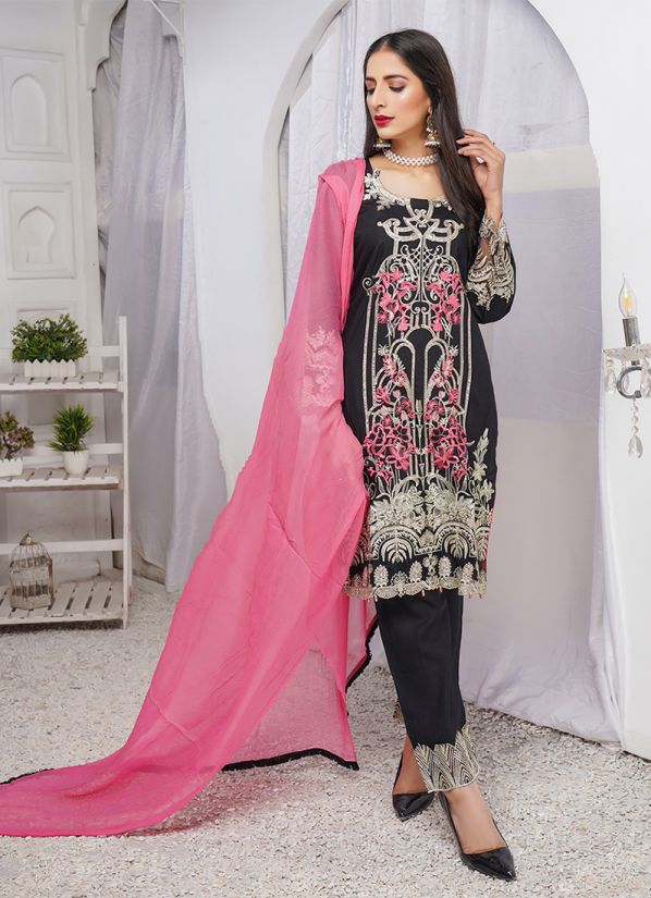Black Linen Fully Embroidered Shift Style Suit Set