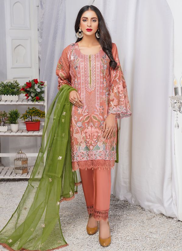 Peach Linen Fully Embroidered Shift Style Suit Set