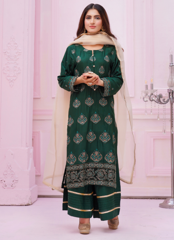 Buy Dark Green Linen Fully Embroidered Shift Suit Set