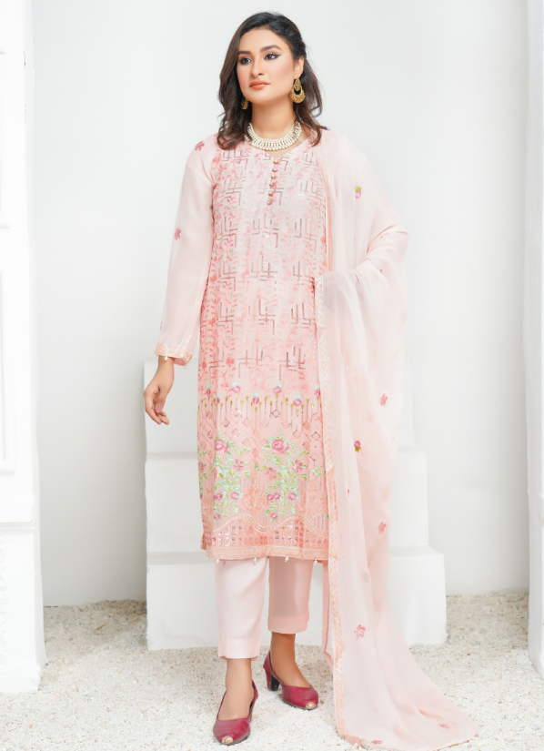 Pink Chiffon Embroidered Trouser Suit