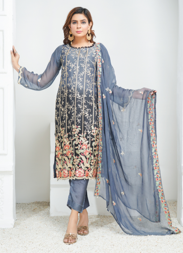 Chiffon Grey Embroidered Trouser Suit