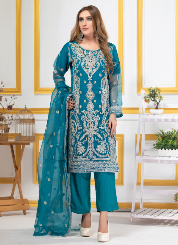 Organza Teal Embroidered Trouser Suit