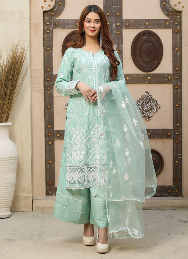 Buy Light Green Linen Embroidered Ladies Suit