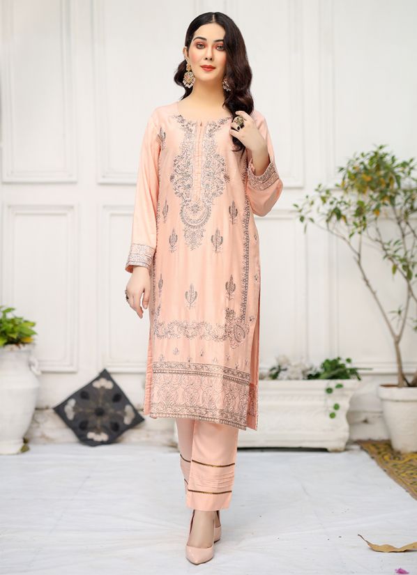 Peach Embroidered Trouser Co-ord Set