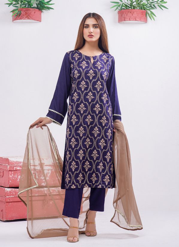 Navy Blue Straight Embroidered Suit Set