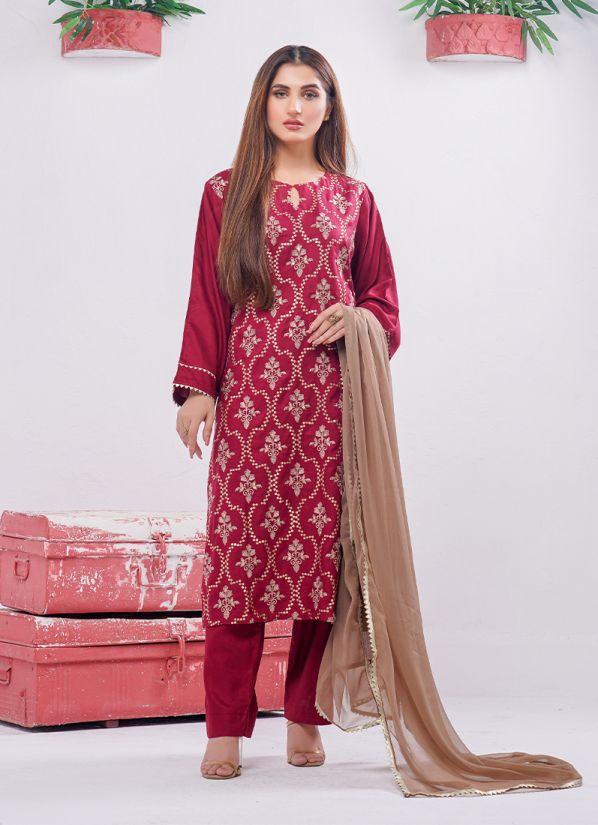 Maroon Linen Embroidered Suit Set