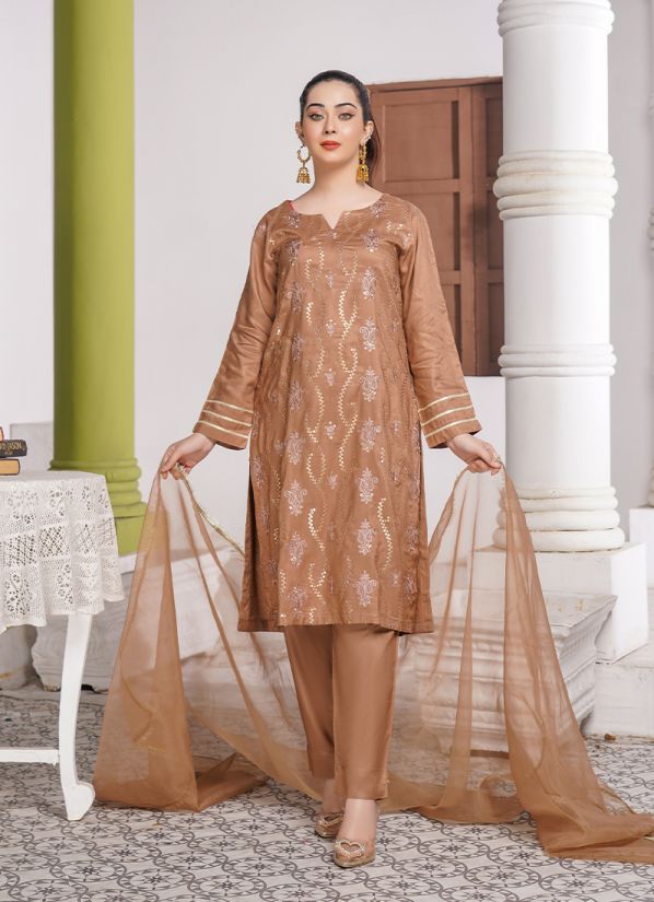Mouse Brown Embroidered Linen Suit Set