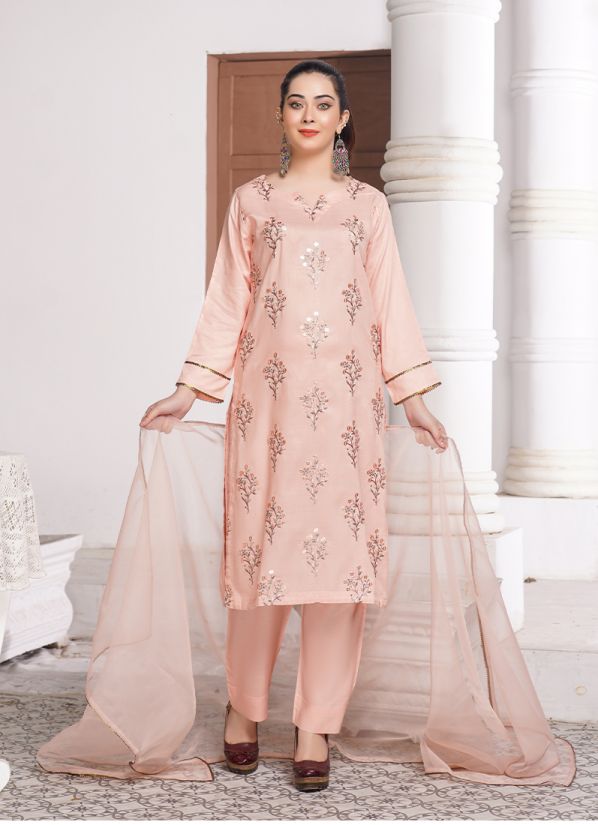 Light Pink Embroidered Linen Suit Set
