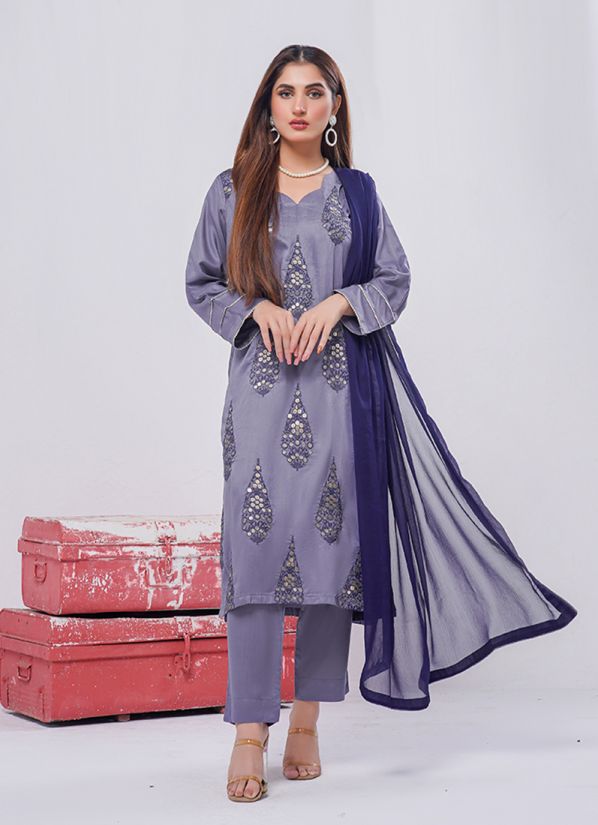 Buy Grey Embroidered Linen Suit Set