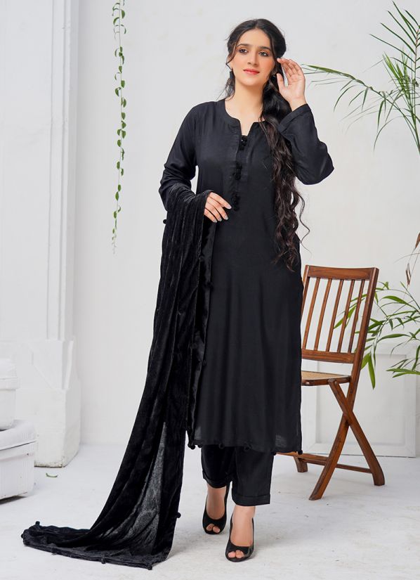 Black Linen With Velvet Shawl Suit