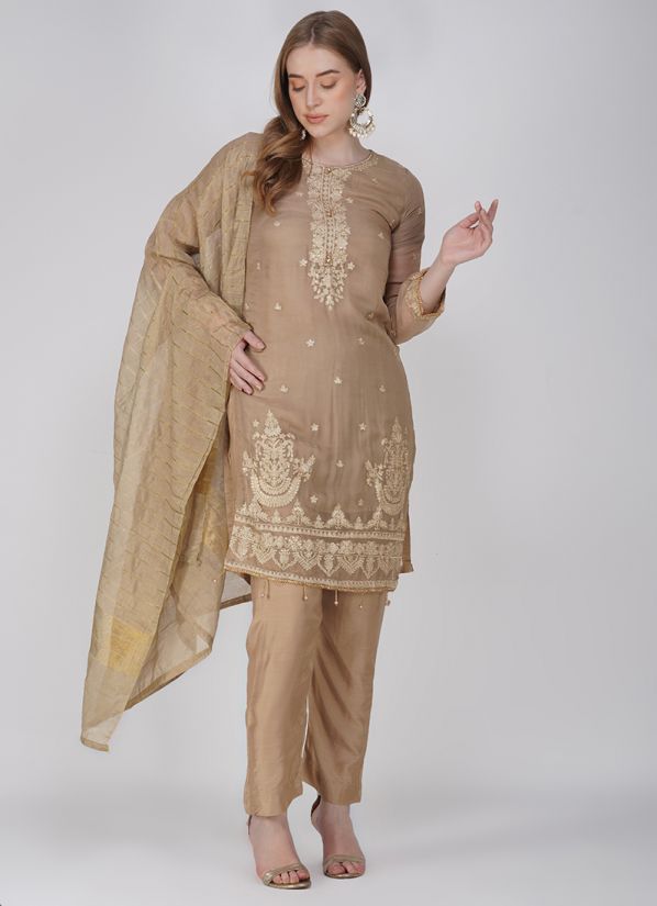 Light Brown Chiffon Embroidered Ladies Suit