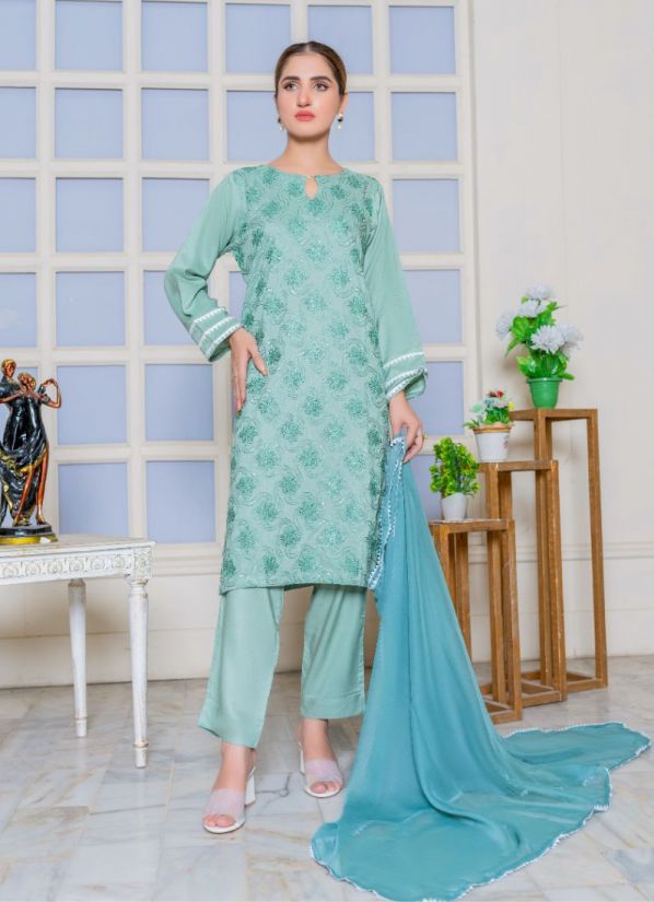 Green Linen Embroidered Ladies Suit