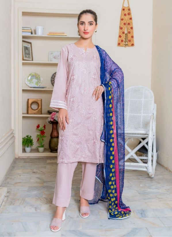 Dusky Pink Linen Embroidered Ladies Suit