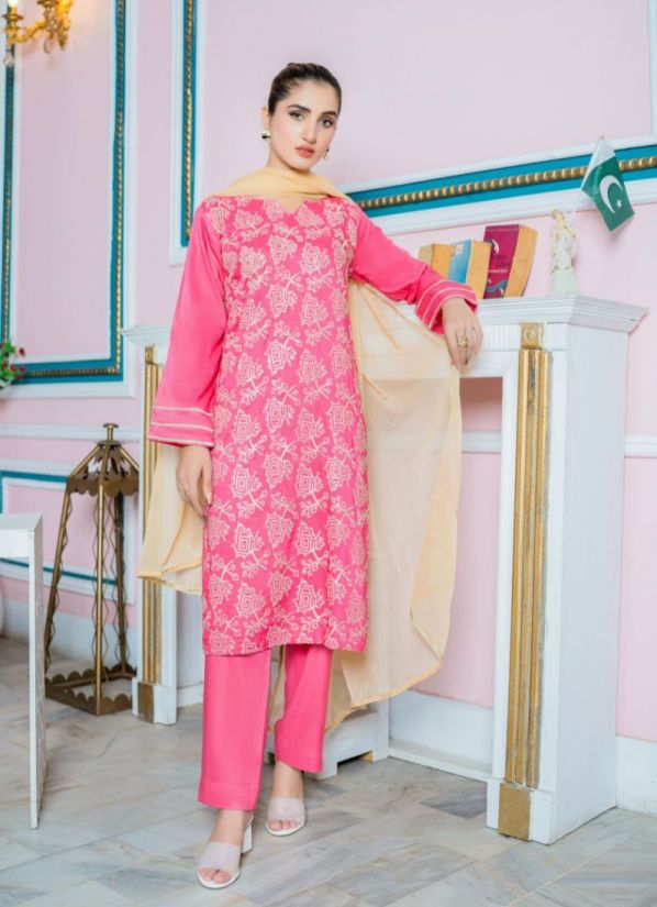 Pink Linen Embroidered Ladies Suit