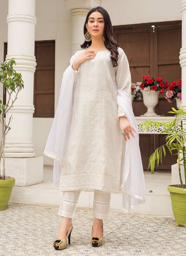 White Organza Embroidered Suit