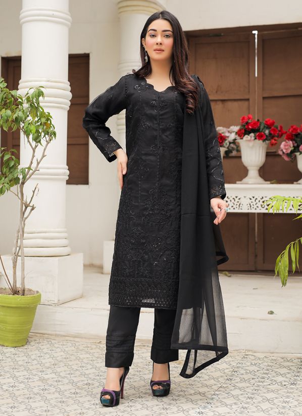 Black Shift Organza Embroidered Suit