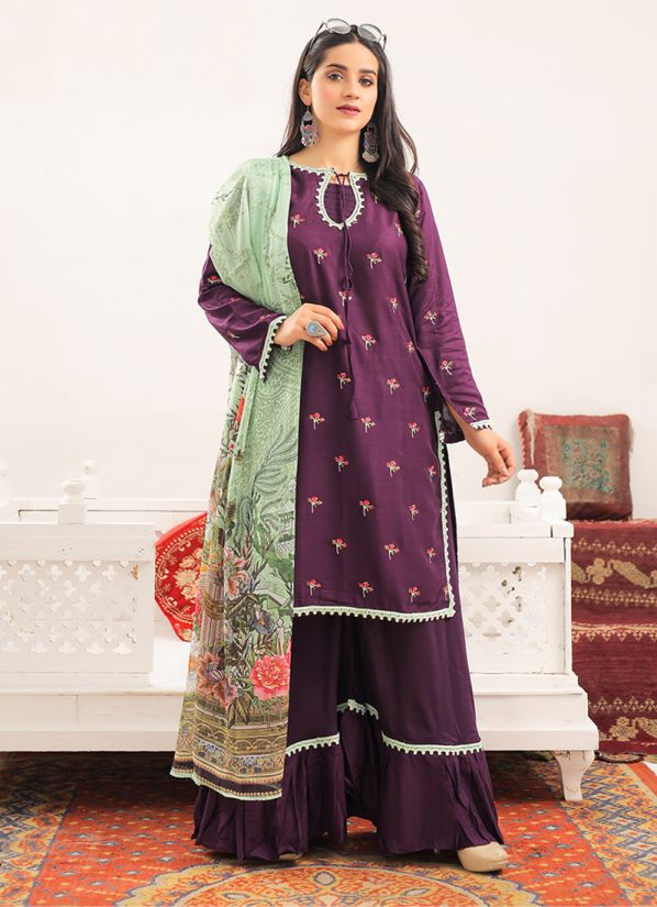 Plum Linen Sharara Suit Set