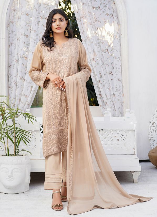 Buy Cream Embroidered Chiffon Suit Set