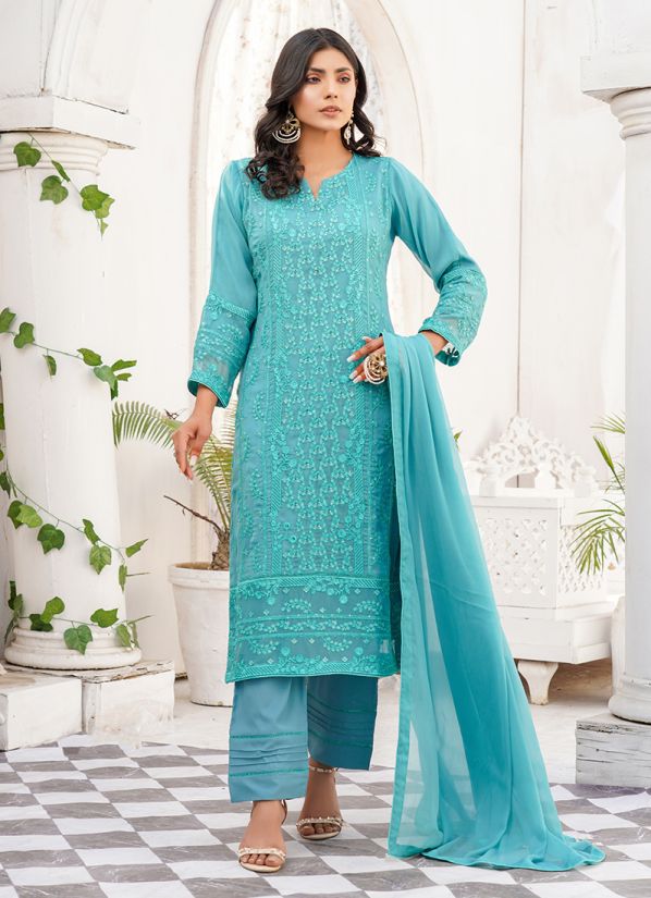 Sea Green Embroidered Chiffon Suit Set