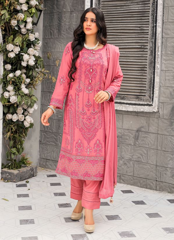 Pink Embroidered Chiffon Suit Set