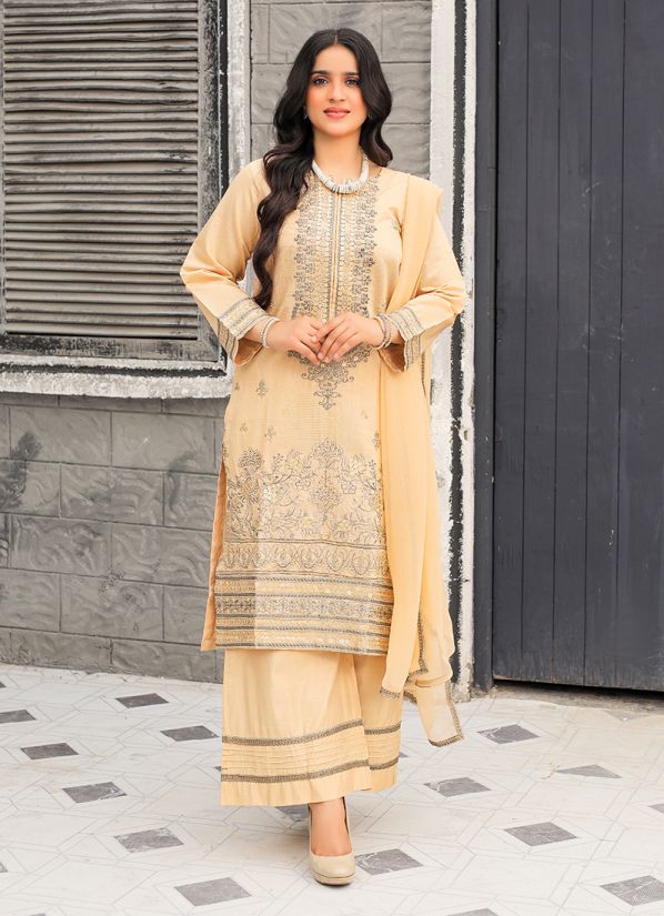 Cream Khadi Cotton Embroidered Suit Set
