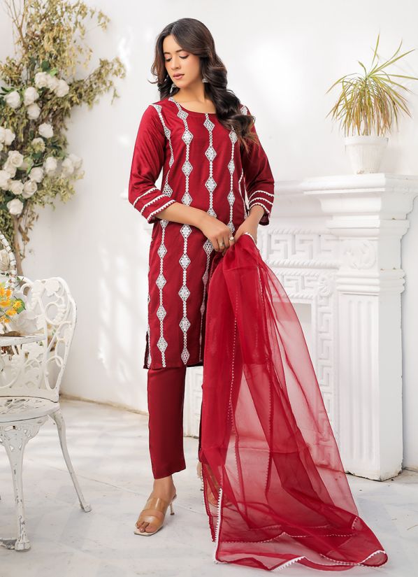 Maroon Embroidered Linen Suit Set