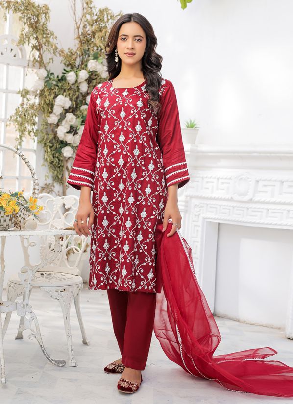 Maroon Floral Embroidered Linen Suit