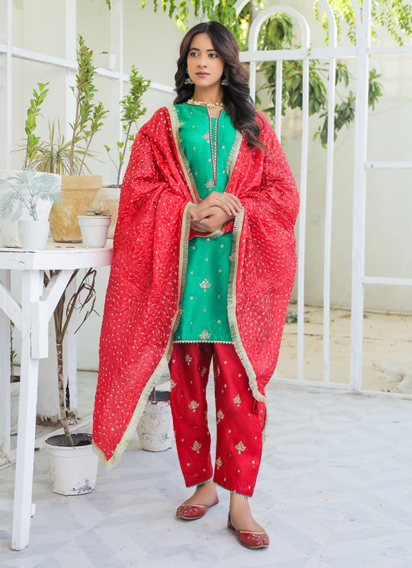 Green Red Raw Silk Suit Set