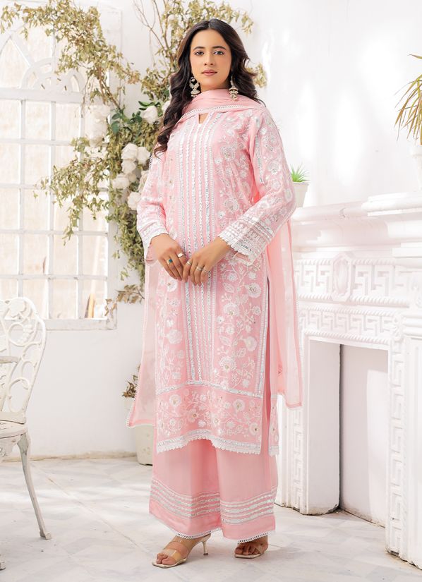 Baby Pink Chiffon Embroidered Suit Set