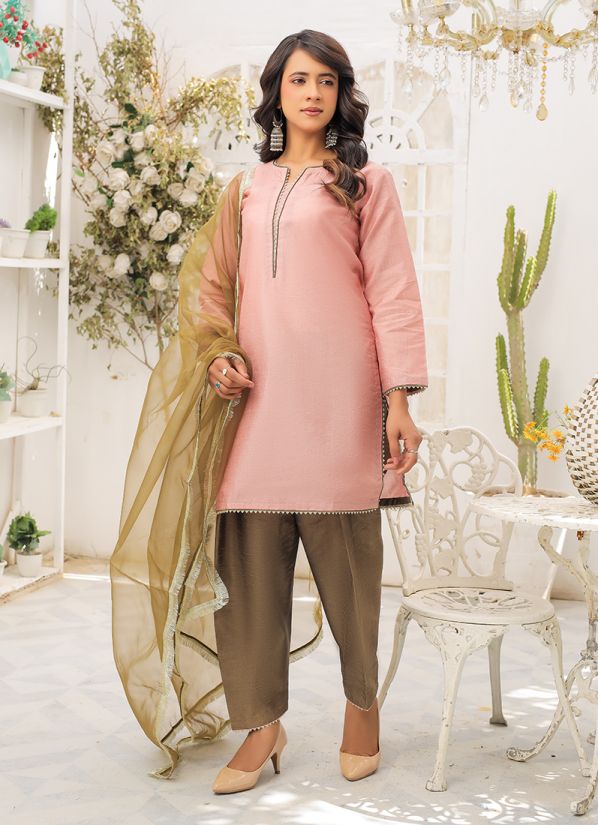 Buy Pink-Mehendi Raw Silk Suit Set