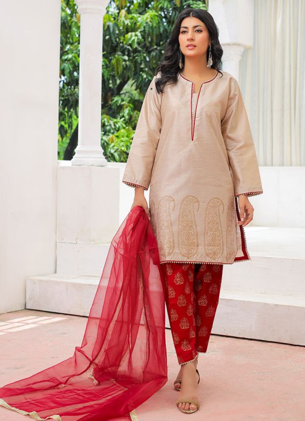 Maroon-Beige Raw Silk Suit Set