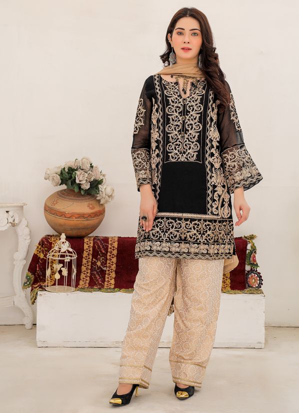 Black Chiffon Jacqaurd Salwar Suit Set