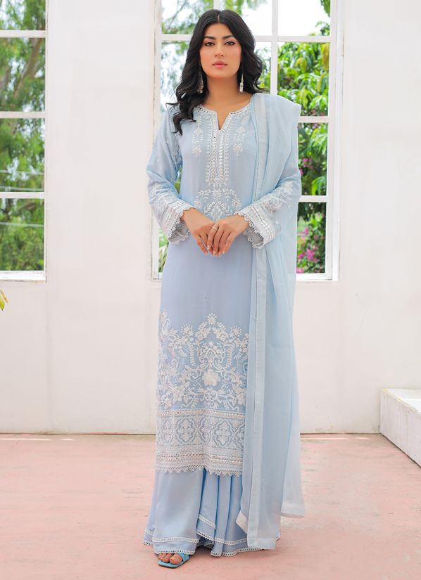 Light Blue Chiffon Embroidered Suit Set