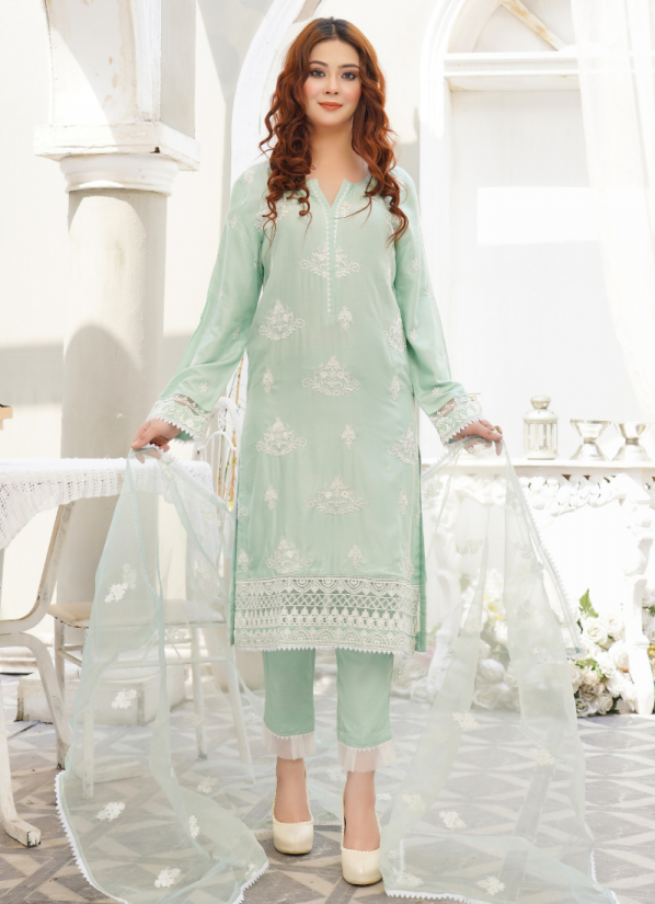 Embroidered Pista Green Linen Suit