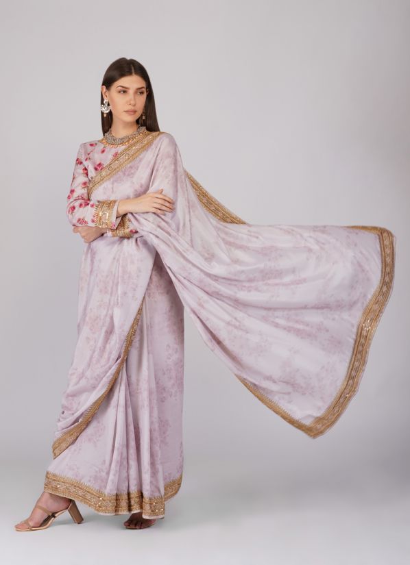 Printed Saree With Gold Zari Embroidery In Pink Colour