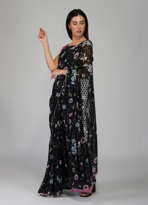 Buy Black Georgette Dobby Printed Saree With Blouse