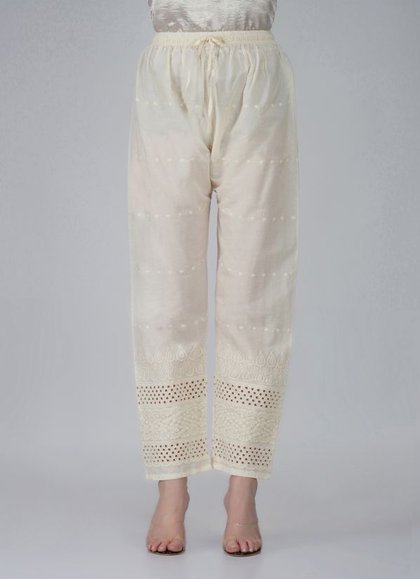 Buy Ivory Cotton Embroidered Trouser