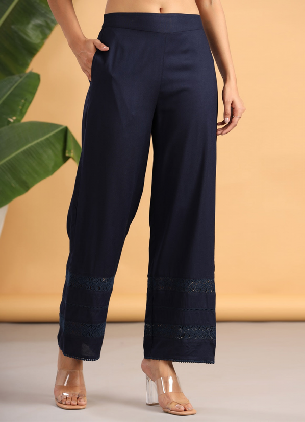 Navy Blue Rayon Lace Wide Pant