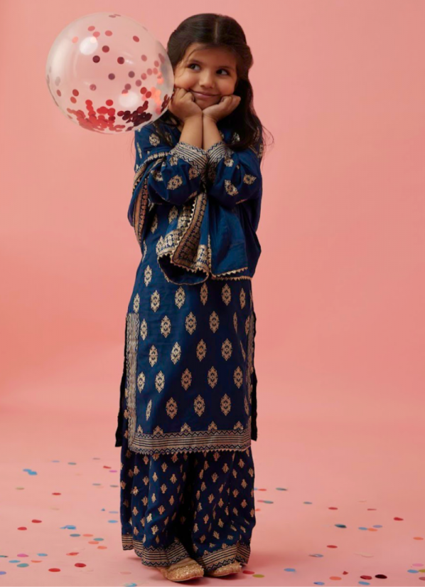 Kids Blue Printed Rayon Gharara Suit Set