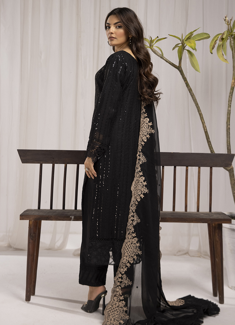 Pakistani Black Straight Style Embroidered hotsell Sequins 3pcs Chiffon Dress,XL